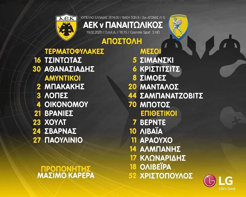 Η αποστολή της ΑΕΚ για τον αγώνα κυπέλου με τον Παναιτωλικό