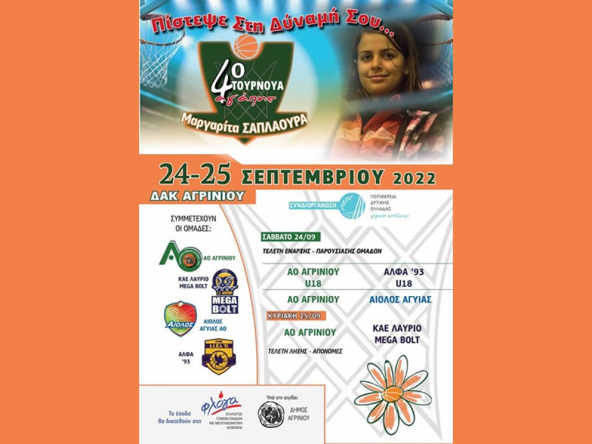 Αγρίνιο: Το Σ/Κ 24-25 Σεπτεμβρίου το 4ο τουρνουά μπάσκετ &quot;Μαργαρίτα Σαπλαούρα&quot;