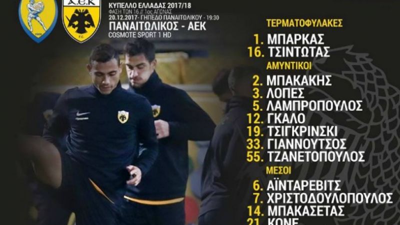 Η αποστολή της ΑΕΚ για τον αγώνα κυπέλλου με τον Παναιτωλικό