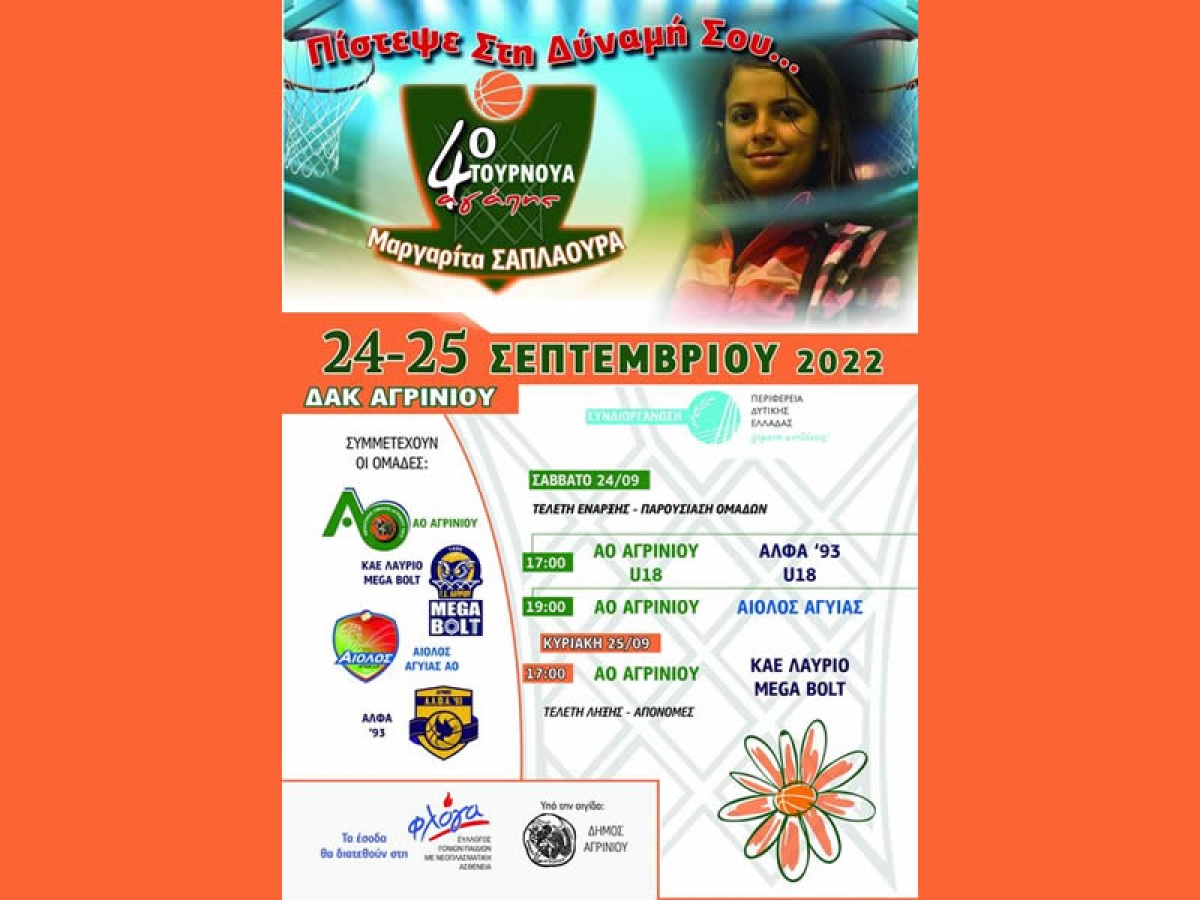 Στην τελική ευθεία για το 4ο τουρνουά μπάσκετ &quot;Μαργαρίτα Σαπλαούρα&quot; στο Δ.Α.Κ. Αγρινίου (Σ/Κ 24-25/9/2022)