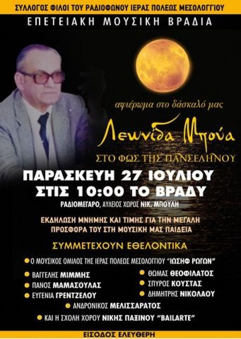 Επετειακή μουσική βραδιά στο «Ραδιομέγαρο» Μεσολογγίου (Παρ 27/7/2018 22:00)