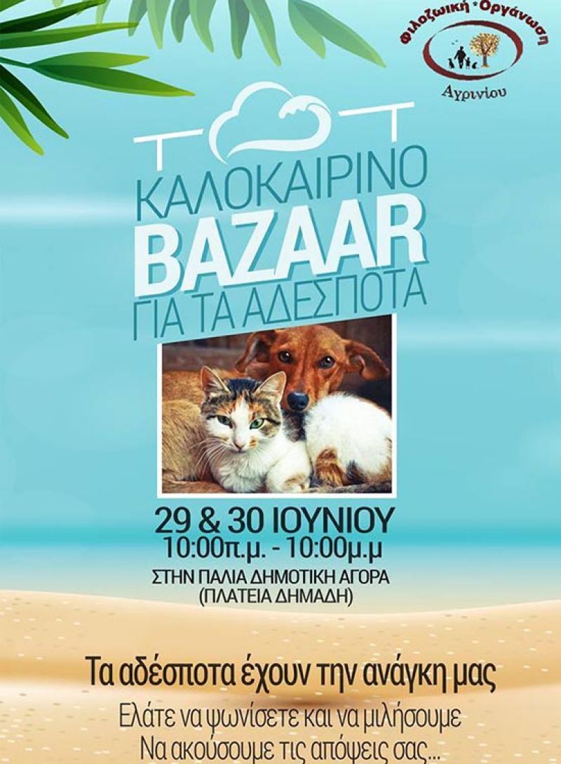 Καλοκαιρινό bazaar της Φιλοζωικής για τα αδέσποτα του Αγρινίου (Παρ 29 - Σαβ 30/6/2018)