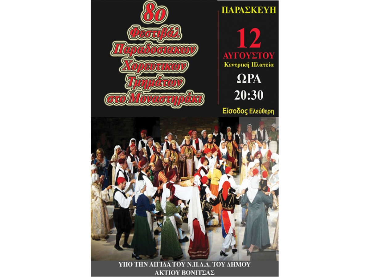 Την Παρασκευή στις 12 Αυγούστου (20:30) το 8ο Φεστιβάλ Παραδοσιακών Χορευτικών Τμημάτων στο Μοναστηράκι του Δήμου Ακτίου Βόνιτσας