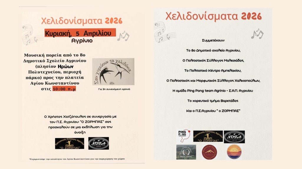 Αγρίνιο: Ανοιχτή εκδήλωση για την άνοιξη (Χελιδονίσματα) (Κυρ 5/4/2026 10.00 πμ)