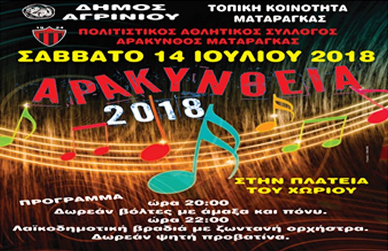 Εκδηλώσεις  στη Ματαράγκα  &quot;ΑΡΑΚΥΝΘΕΙΑ 2018&quot; (Σαβ 14/7/2018)