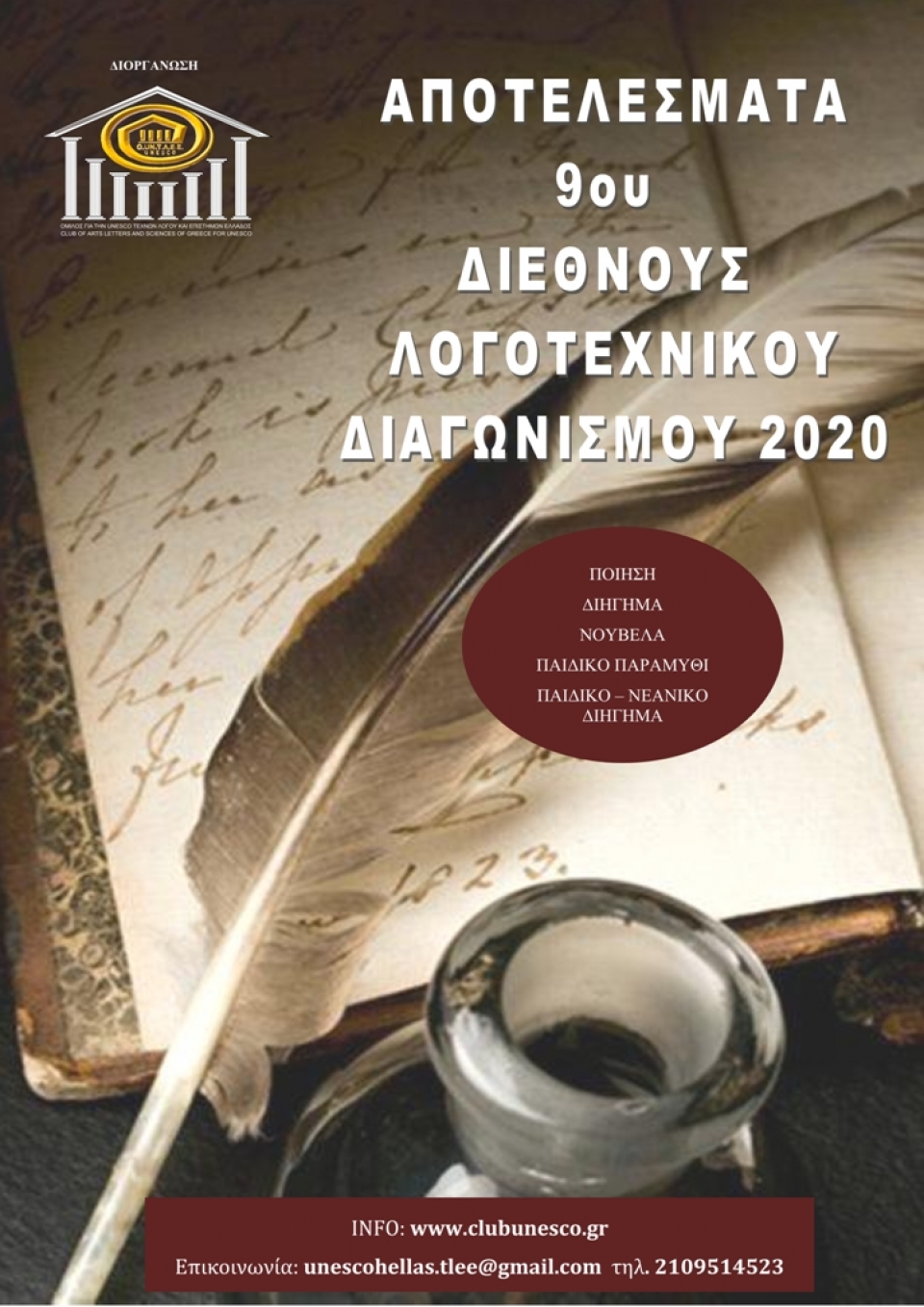 Αποτελέσματα 9ου Διεθνούς Λογοτεχνικού Διαγωνισμού 2020 Ομίλου για την UNESCO Τεχνών, Λόγου &amp; Επιστημών Ελλάδας